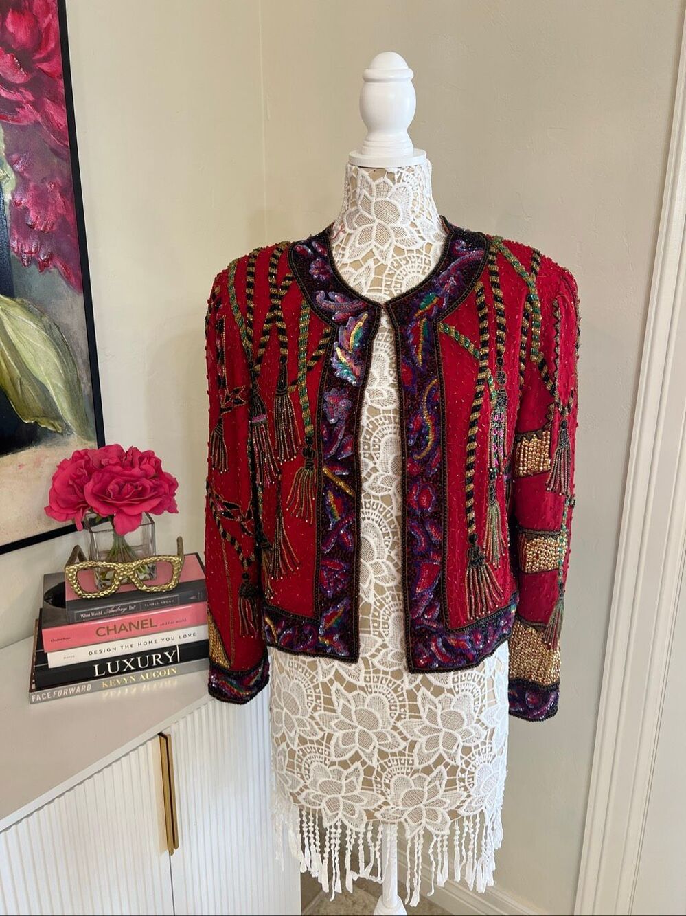 Vtg Niteline by Della Roufogali Women's Beaded Sequin Silk Jacket Multicolor XL
